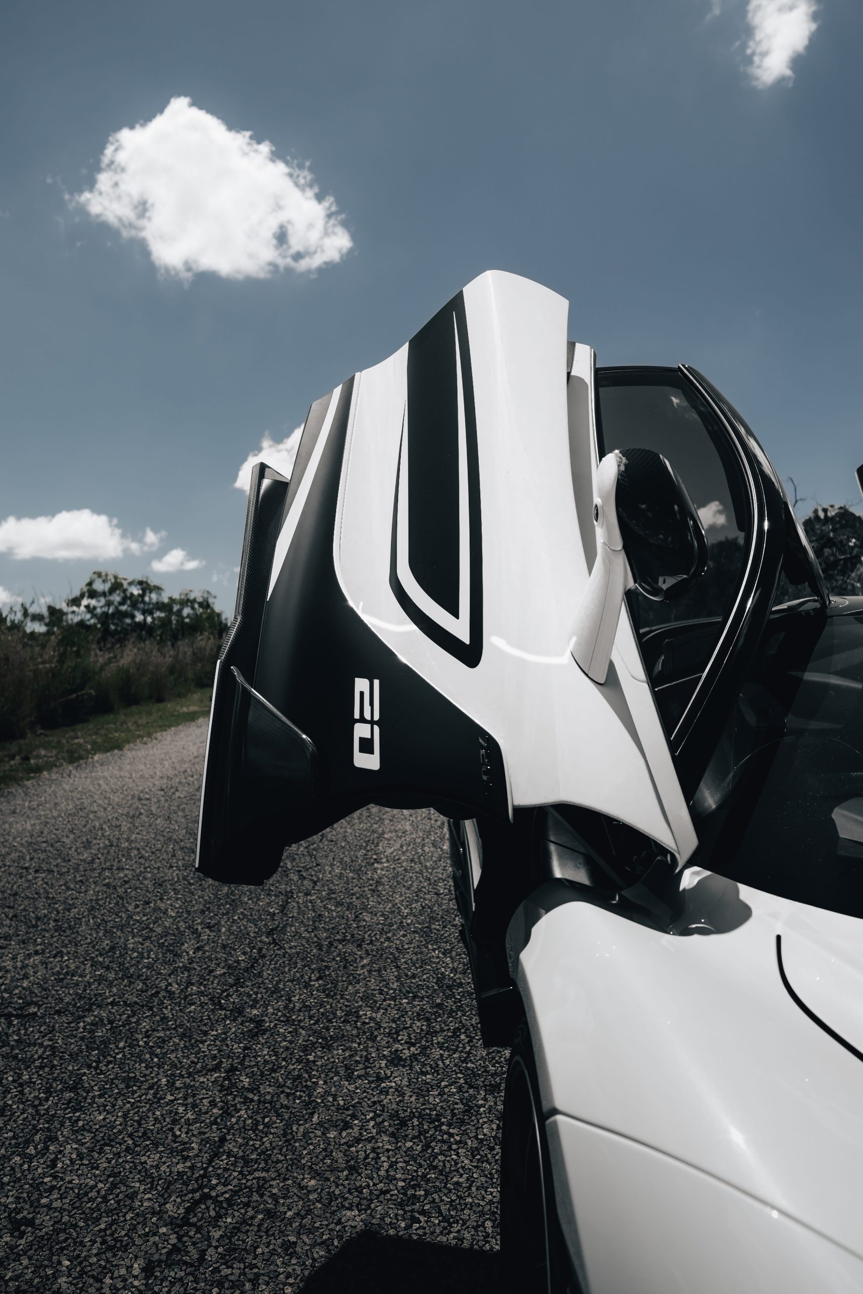 McLaren butterfly door open with livery detail against blue sky