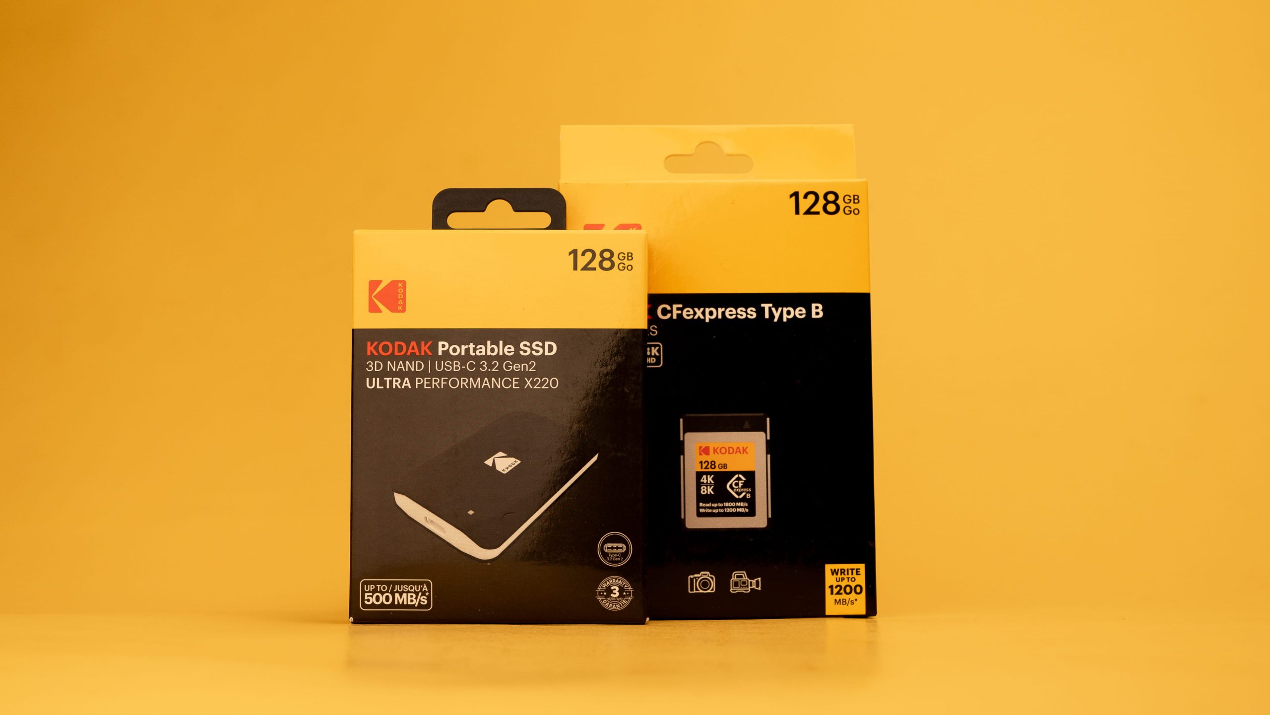 Kodak portable SSD and CFexpress Type B memory card boxes on yellow