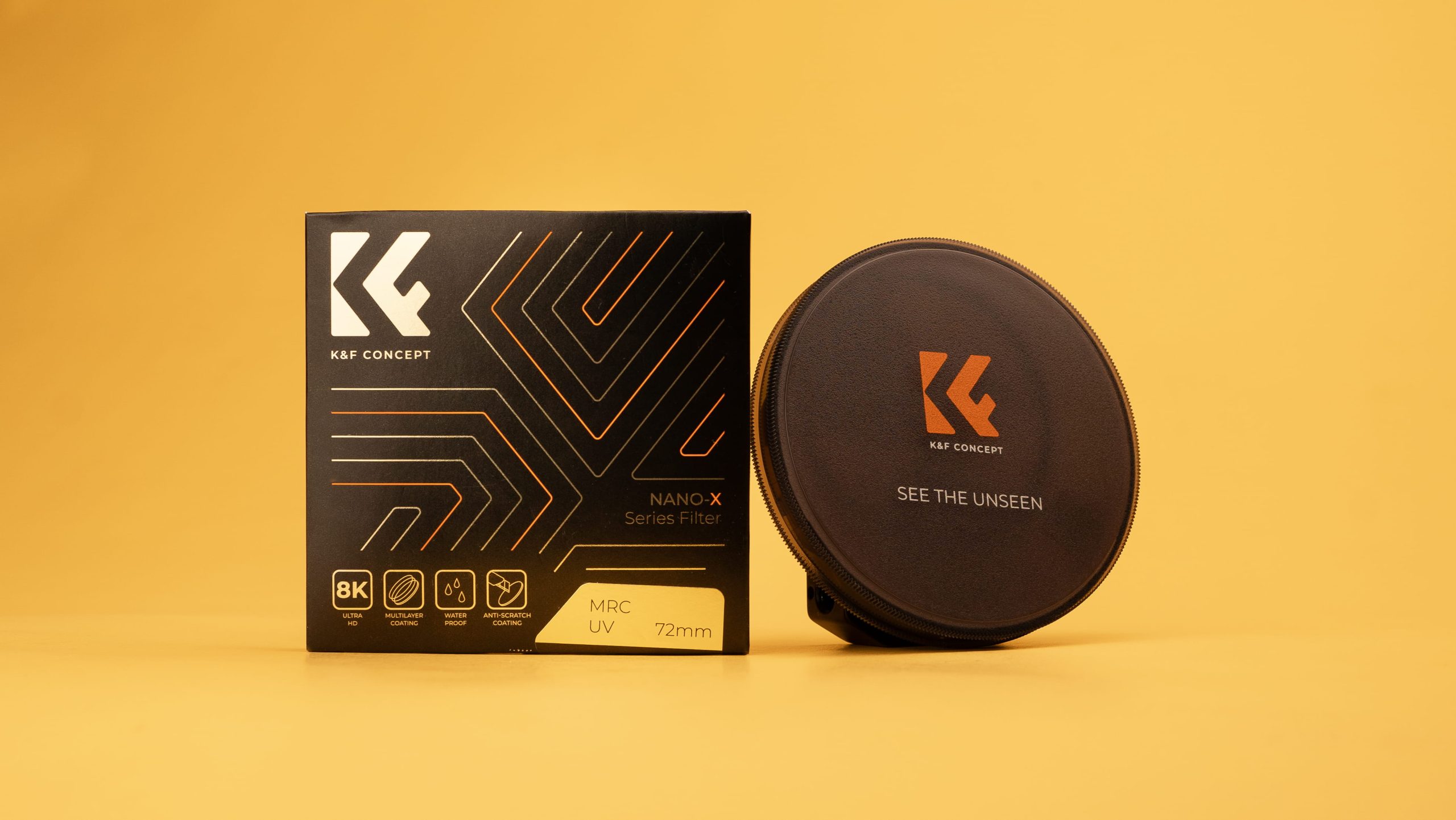 K&F Concept Nano-X Series UV filter retail box and round carrying case on yellow